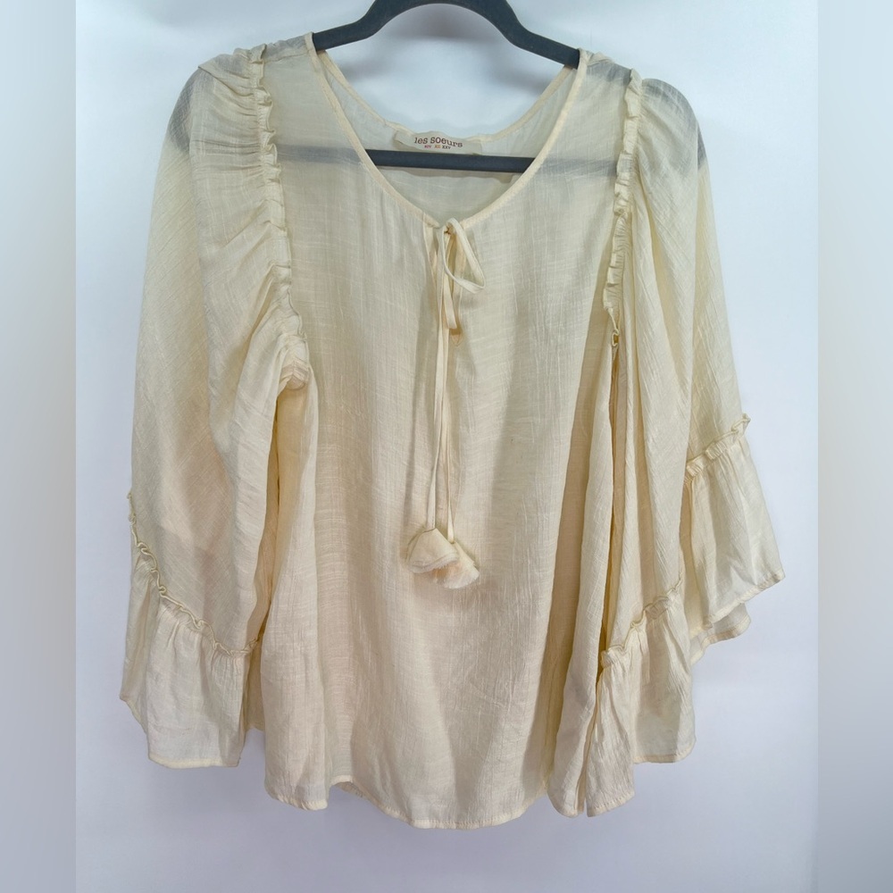 Les Soers Semi Sheer Beige Cream Tie Front Peasant Blouse Bell Sleeves Medium - Picture 4 of 8